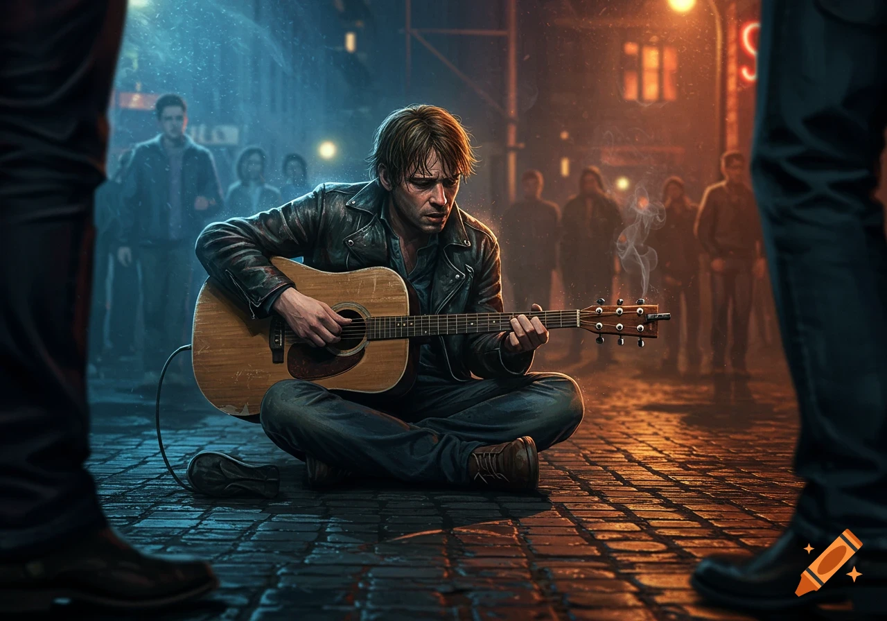 A weary man in a leather jacket plays an acoustic guitar on a wet, neon-lit city street at night, with blurry figures in the background.