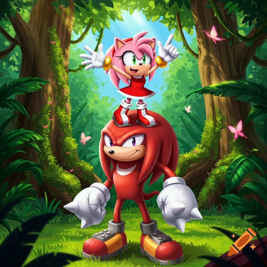 Amy the Hedgehog stands on Knuckles' head in a vibrant jungle clearing, cartoon style.