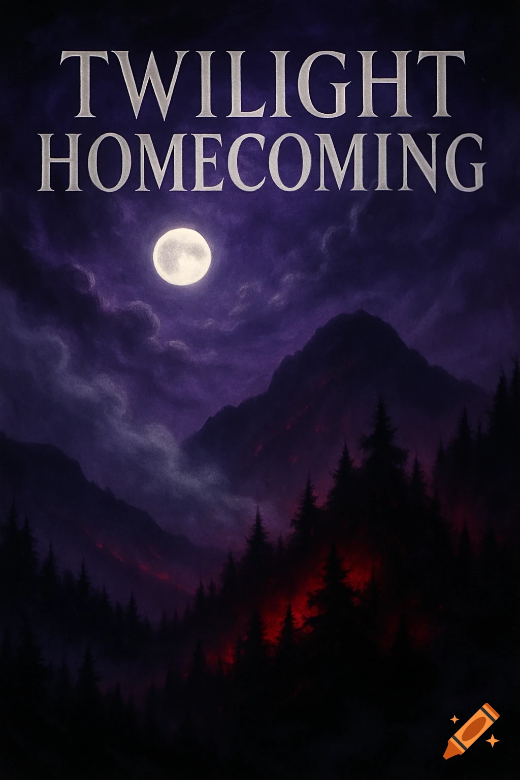 A poster with silver text 'Twilight Homecoming' above a moonlit night landscape with purple clouds, silhouetted mountains, a forest, and red glowing accents.