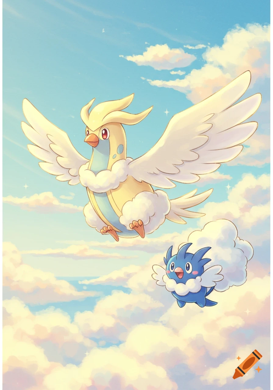 Shiny yellow Altaria and blue Swablu, both cute bird Pokemon, fly happily in a pastel sky with fluffy clouds, in an anime style.