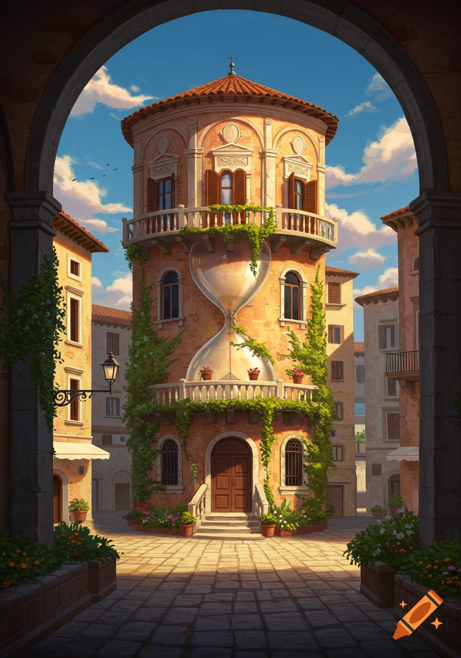 A colorful Italianate building shaped like an hourglass, adorned with vines and balconies, seen from a sunny cobblestone alleyway.