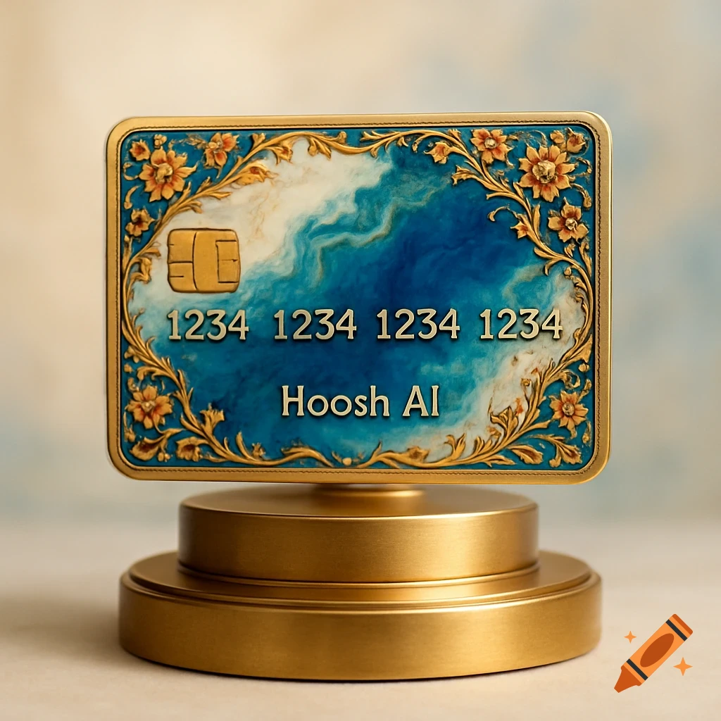 A luxurious digital bank card with gold floral borders, a blue and white abstract center, and text, displayed on a golden stand.