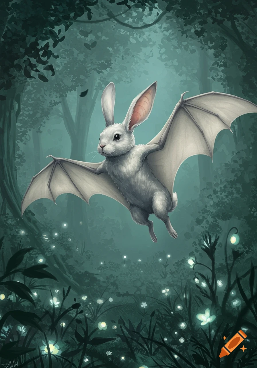An illustrated white rabbit-bat hybrid flies through a dark, magical forest with glowing plants.