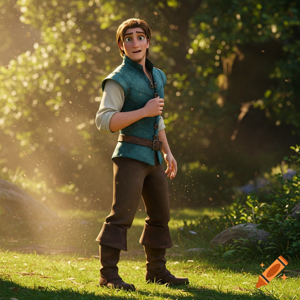 Flynn Rider stands in a sunny forest, looking surprised in a 3D animated style.