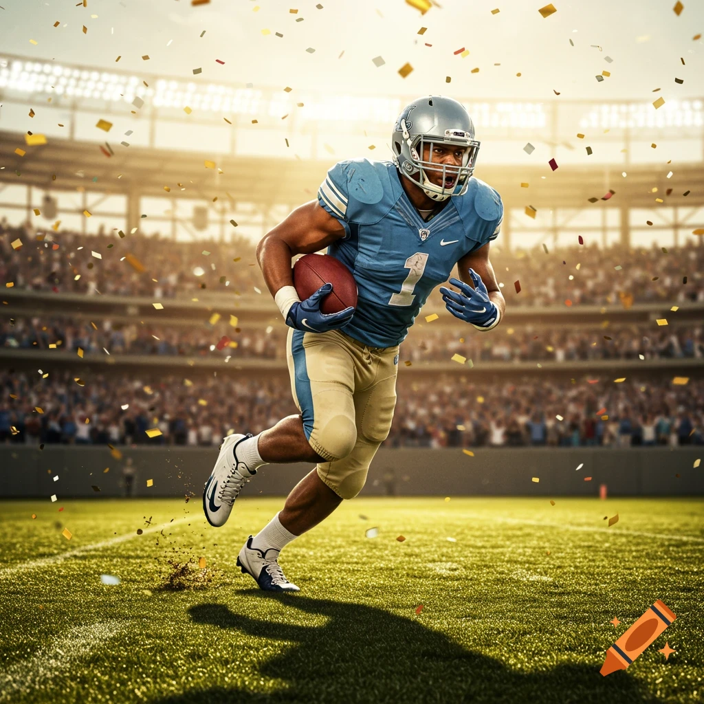A photorealistic image of a football player in a light blue uniform with the number 1, running with a ball on a grassy field in a stadium with confetti falling.