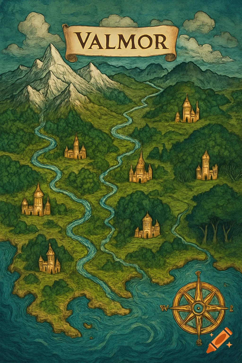 A vintage-style fantasy map of Valmor with mountains, forests, rivers, castles, a coastline, and a compass rose.