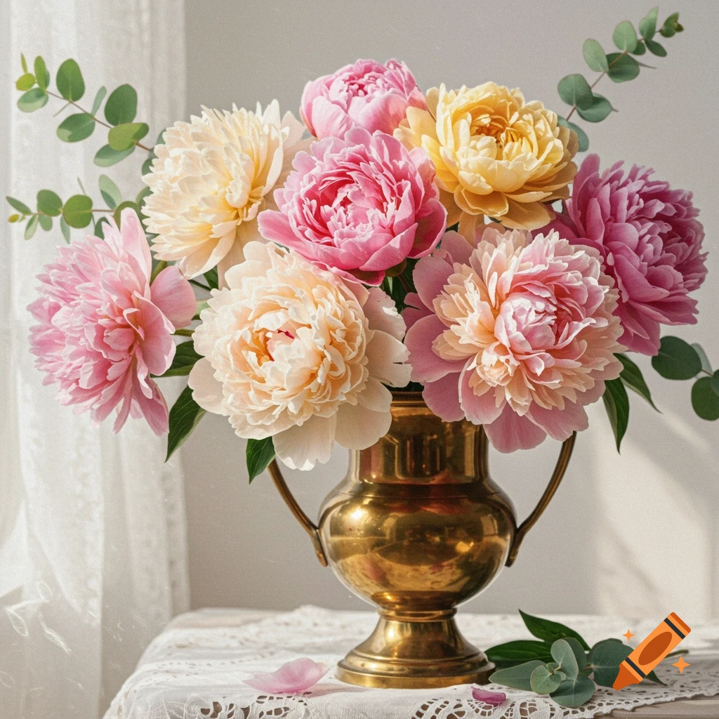 A vibrant bouquet of pink, yellow, and cream peonies in a brass vase on a lace tablecloth.