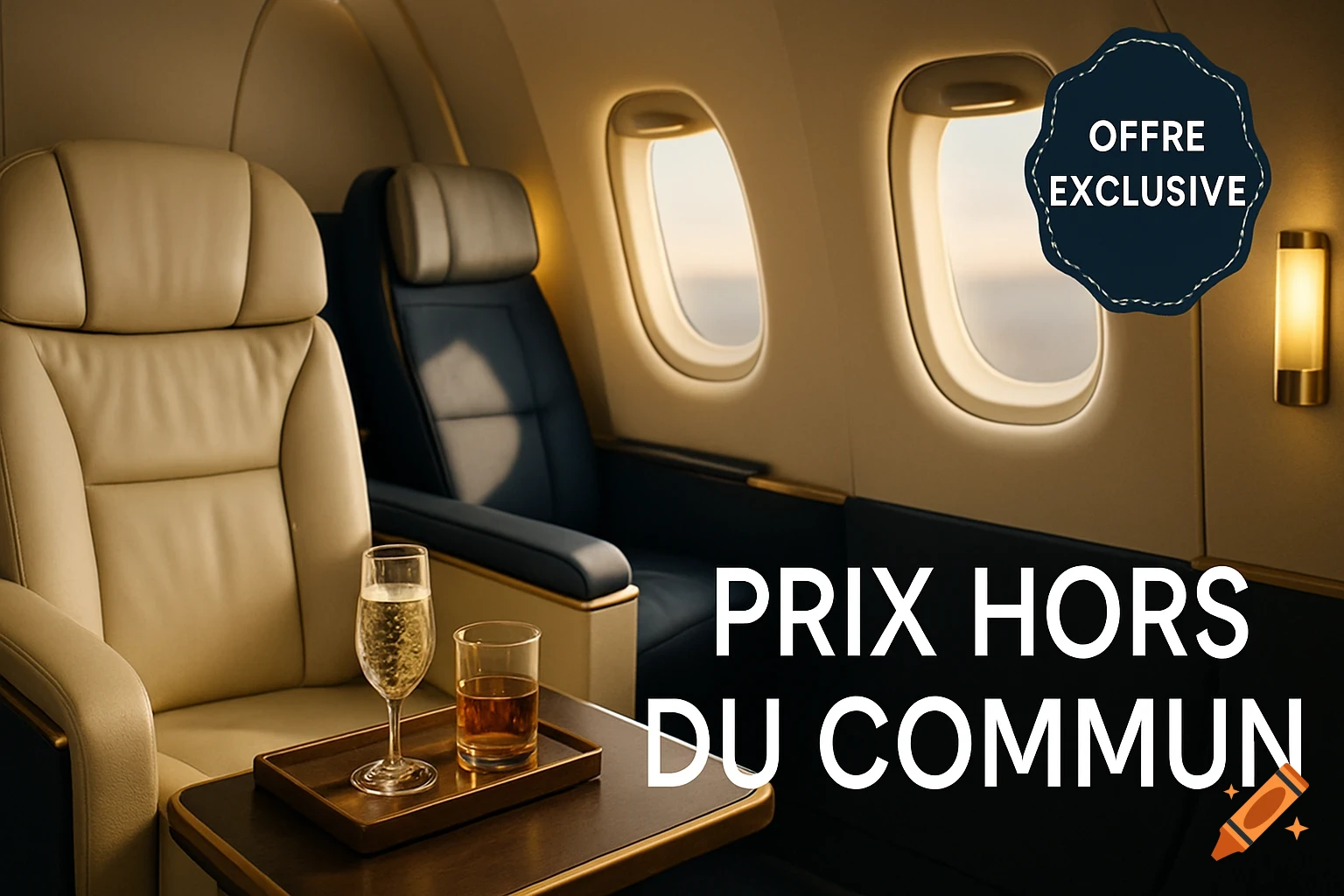 Luxury airplane business class cabin with two drinks on a tray, warm lighting, and promotional text.