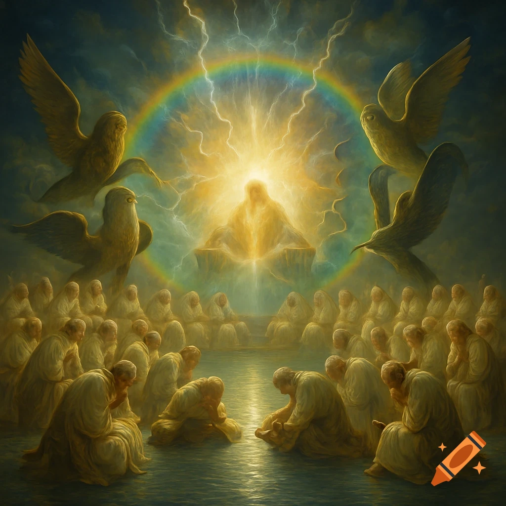A celestial vision of heaven with a radiant divine figure on a glowing throne, surrounded by a rainbow, lightning, flying eagles, and many robed figures worshipping.