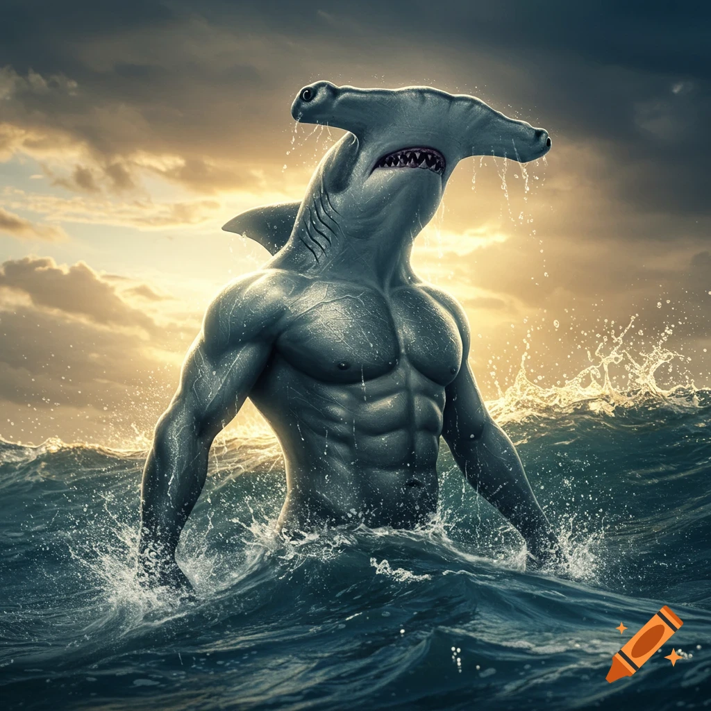 Photorealistic muscular hammerhead shark-man emerging from choppy ocean water against a cloudy sunset sky.