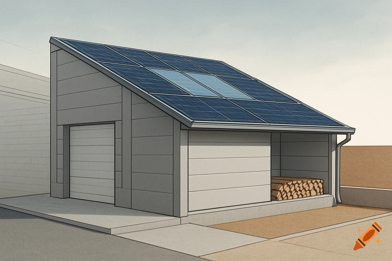 Illustrated shed with a sloped roof featuring solar panels, a garage door, and firewood under an overhang.