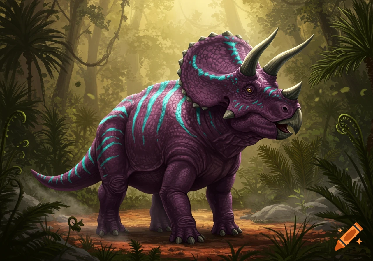 A detailed illustration of a purple triceratops with cyan stripes standing in a lush, sunlit jungle.