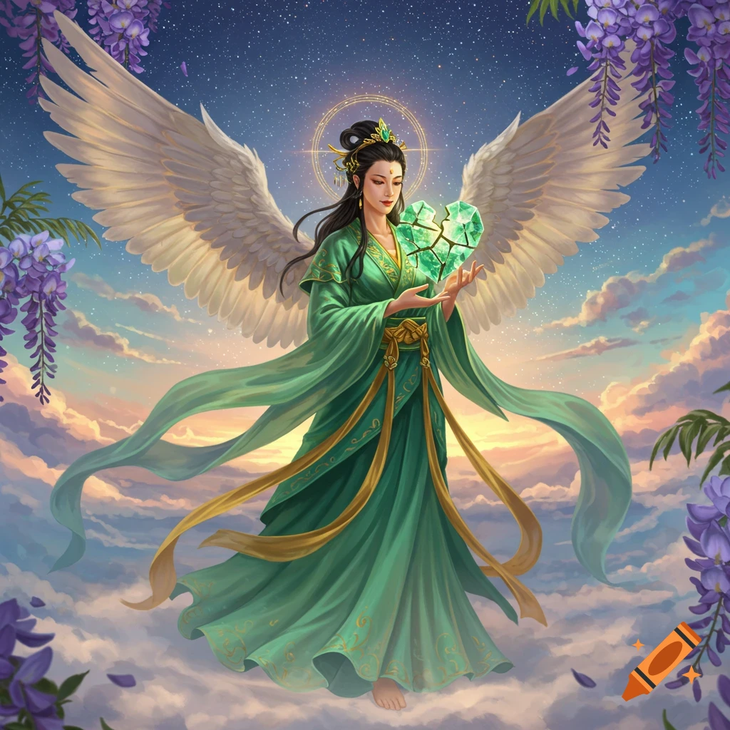 A serene Chinese goddess with white wings floats on clouds, holding a glowing broken green crystal heart under a starry sky with wisteria.