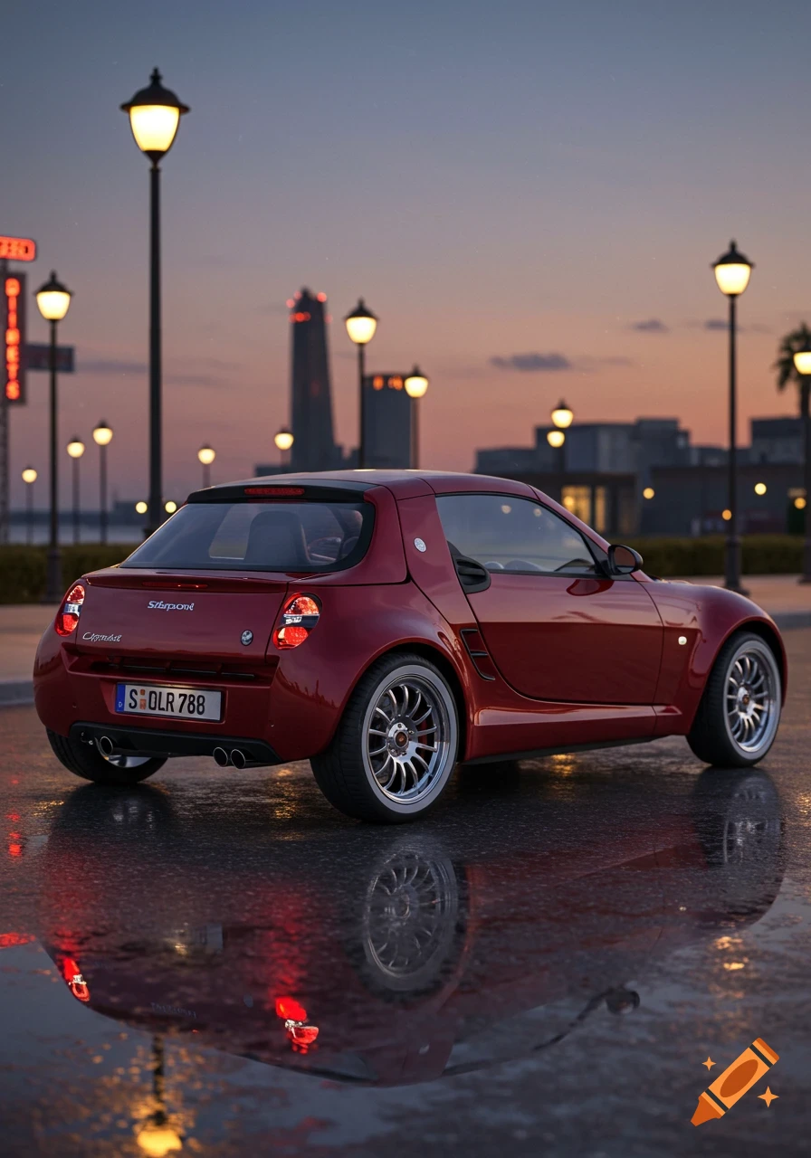 A red sports car, a blend of Smart Roadster and 1960s design, parked on a wet city street at dusk, reflecting streetlights.