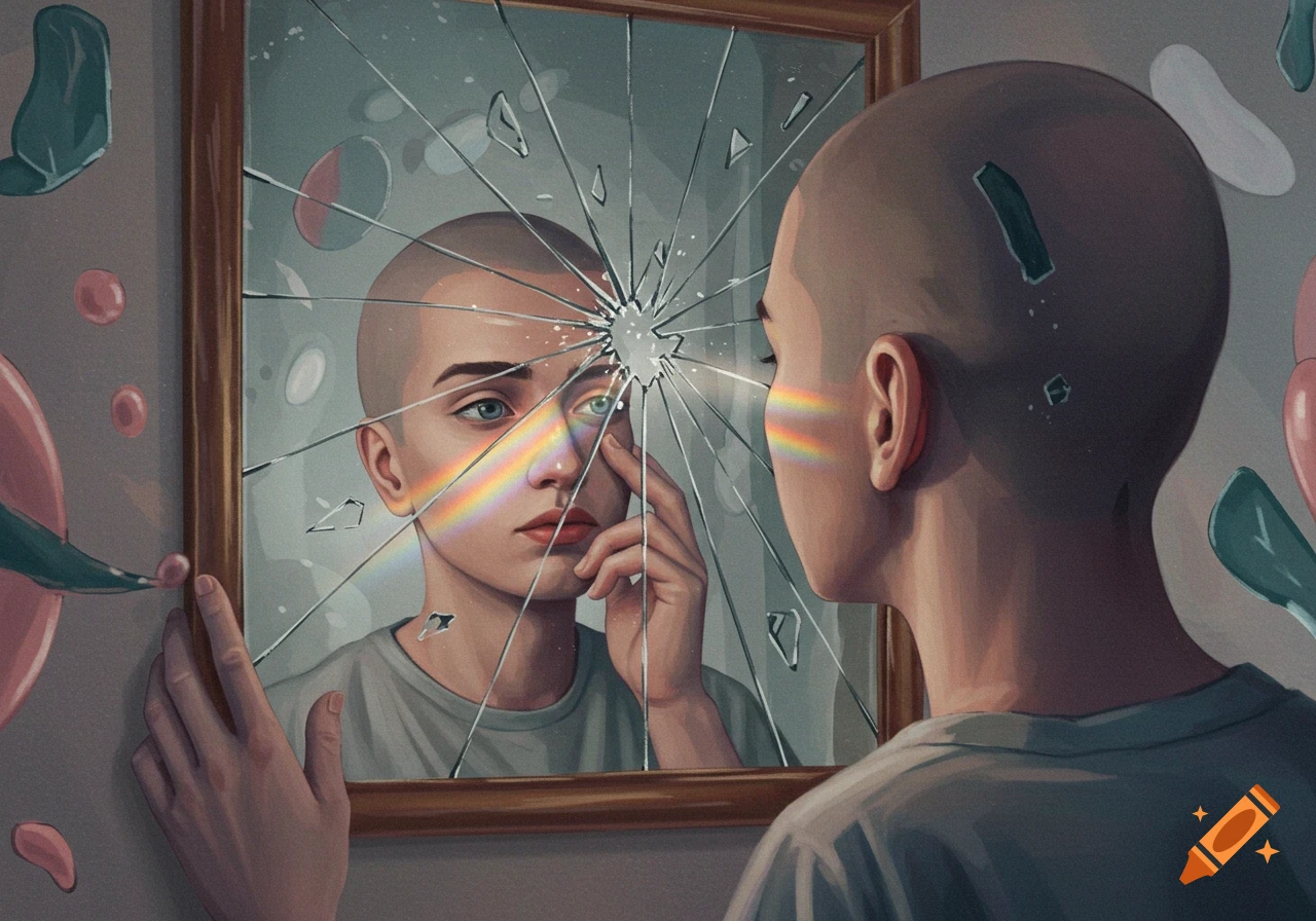 A bald person looks into a shattered mirror, with a rainbow light spectrum across their face and eye.