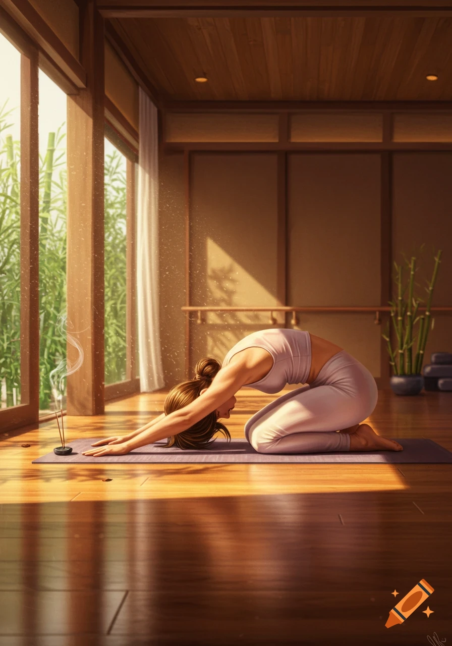 Digital painting of a woman in Child's Pose yoga in a sunlit room with bamboo and burning incense.