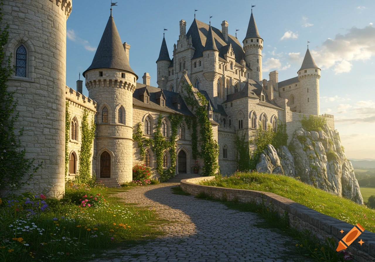 A majestic fairy-tale castle on a cliff, with a winding stone path, colorful flowers, and green hills under a sunny sky.