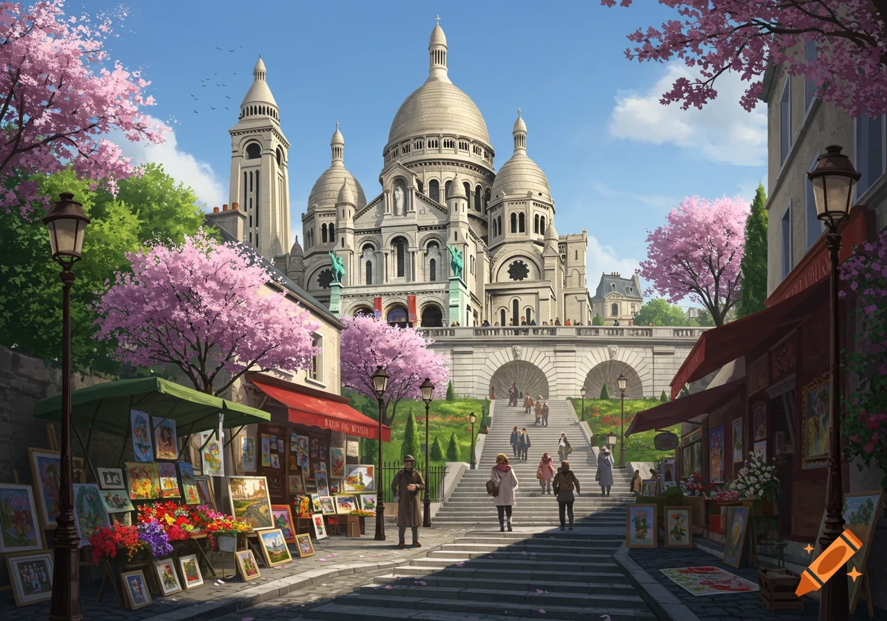 Illustration of Sacré-Cœur basilica in Paris, surrounded by cherry blossoms and street vendors.