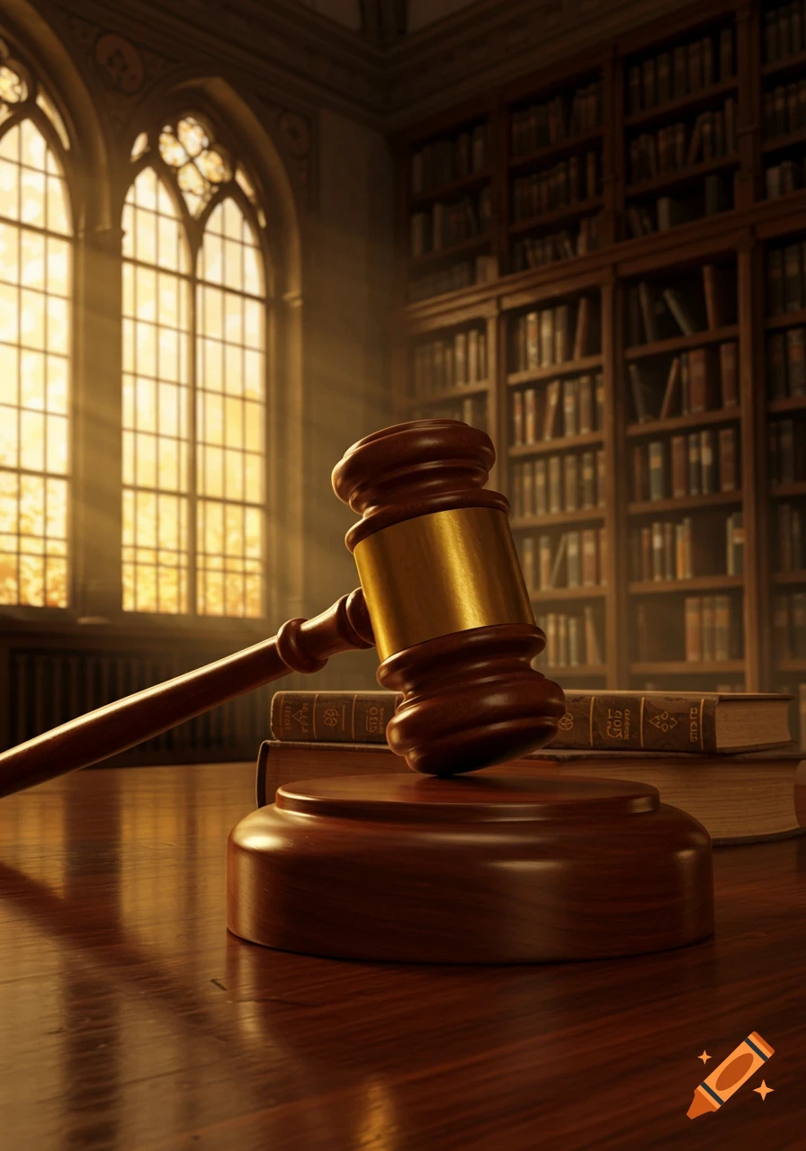 A close-up of a wooden gavel and sound block on a table with books, set in a sunlit, ornate library or courtroom.
