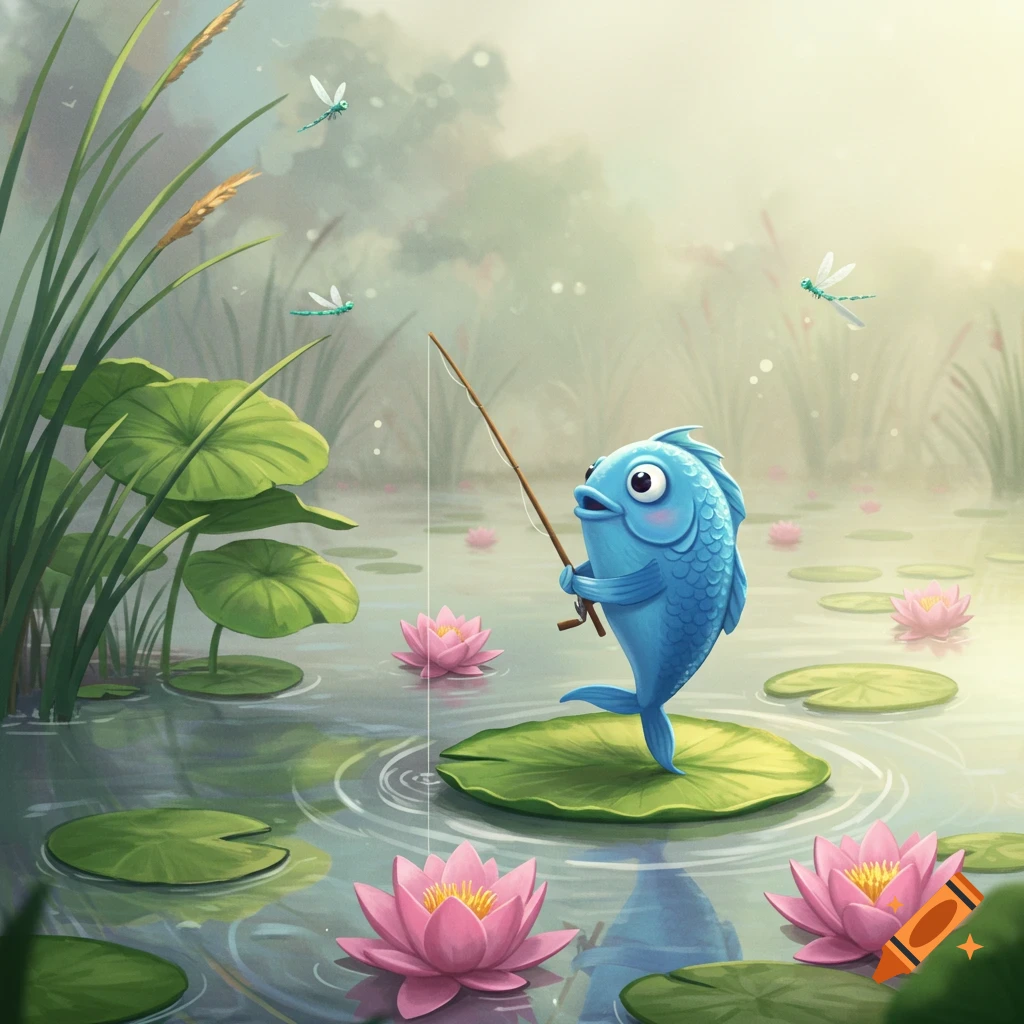 A whimsical cartoon blue fish stands on a lily pad in a pond, holding a fishing rod, surrounded by pink lotus flowers and dragonflies.