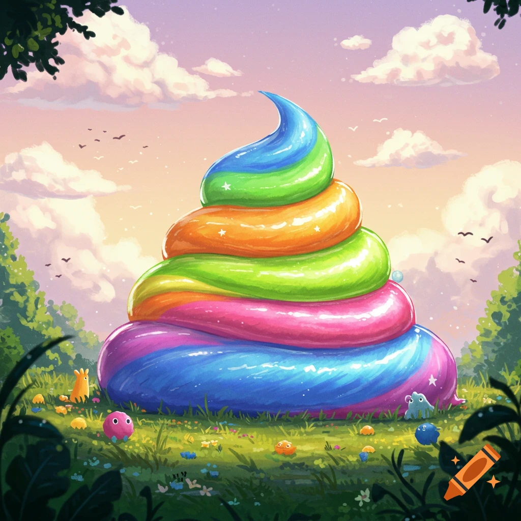 Whimsical illustration of a giant rainbow-colored poop swirl in a grassy field with small cartoon creatures under a pastel sky.