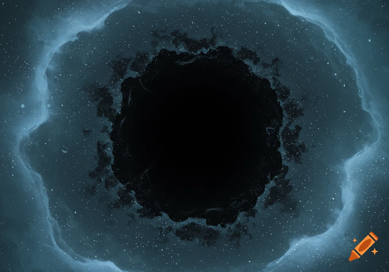 A cosmic abstract image showing a dark central void surrounded by swirling blue nebulae and numerous tiny white stars.