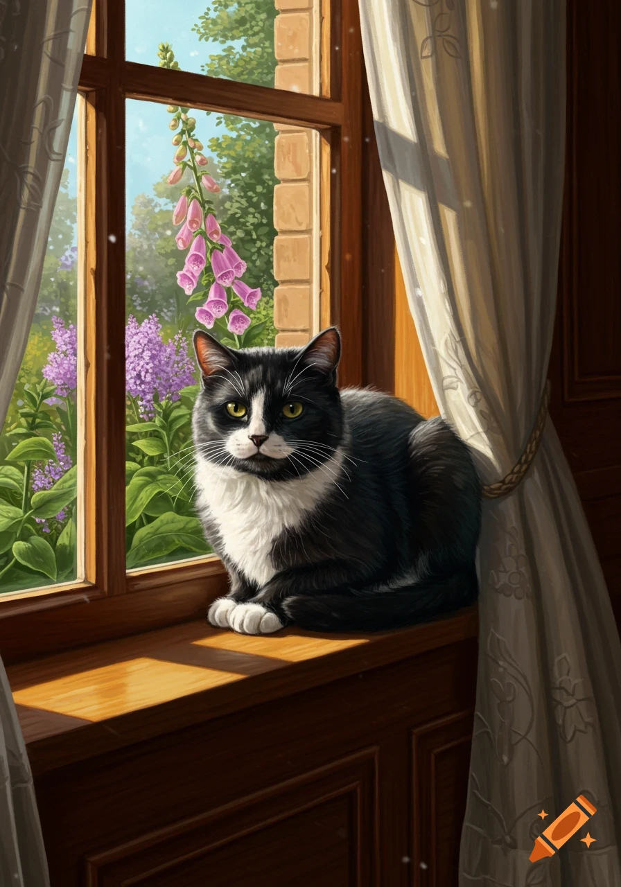 A black and white tuxedo cat sits on a sunlit wooden windowsill, looking at pink and purple flowers outside. Illustrated style.
