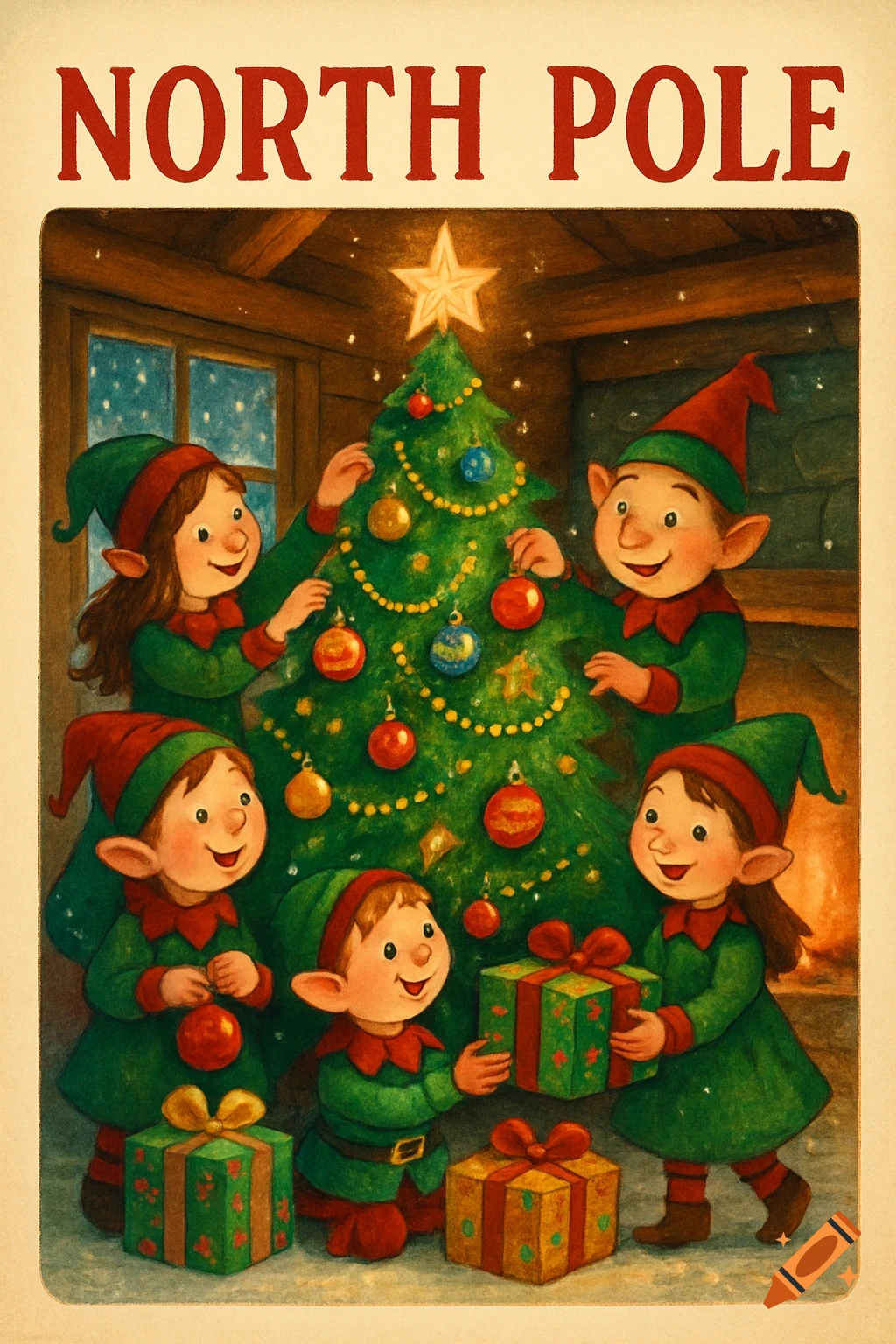 Illustration of several elves decorating a Christmas tree and exchanging gifts in a cozy North Pole cabin.