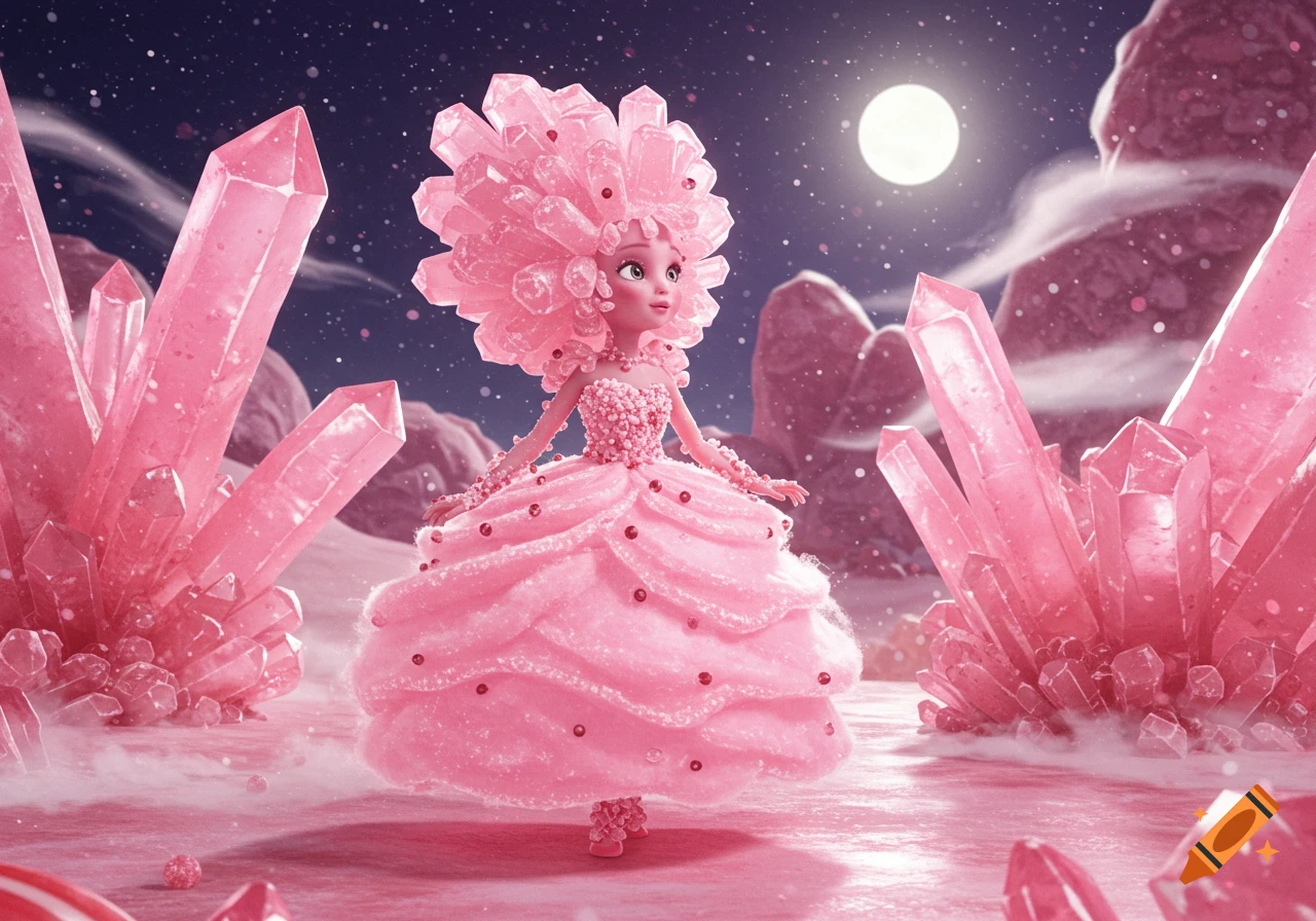 A whimsical pink rock candy girl in a frilly dress and crystal hair stands in a magical pink crystal landscape under a full moon.