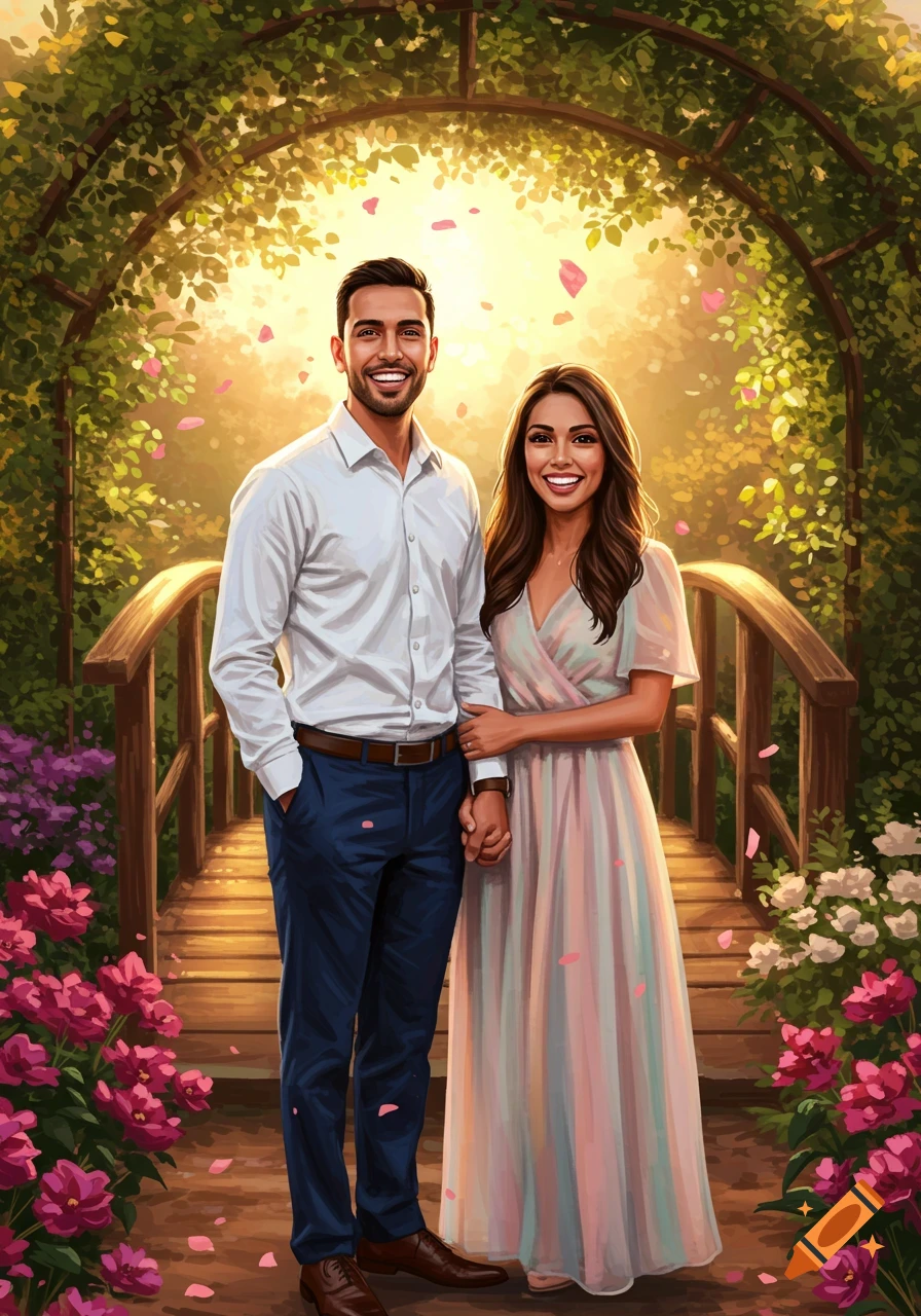 Smiling couple holding hands on a bridge in a vibrant, flower-filled garden under a floral arch, illustration.