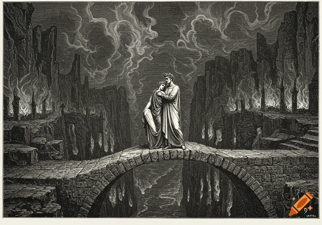 A highly detailed Gustave Dor\u00e9 style black-and-white engraving shows two figures embracing on a stone bridge over a chasm in a hellish landscape with smoke and flames.