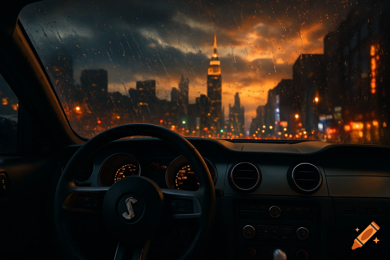 Point of view from inside a Shelby Mustang on a rainy night in NYC, with a blurred city skyline and Empire State Building in the distance.