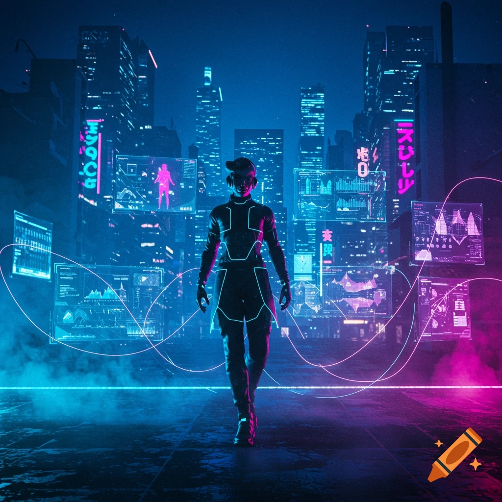 A figure in futuristic, glowing attire walks through a neon-lit cyberpunk city with holographic displays.