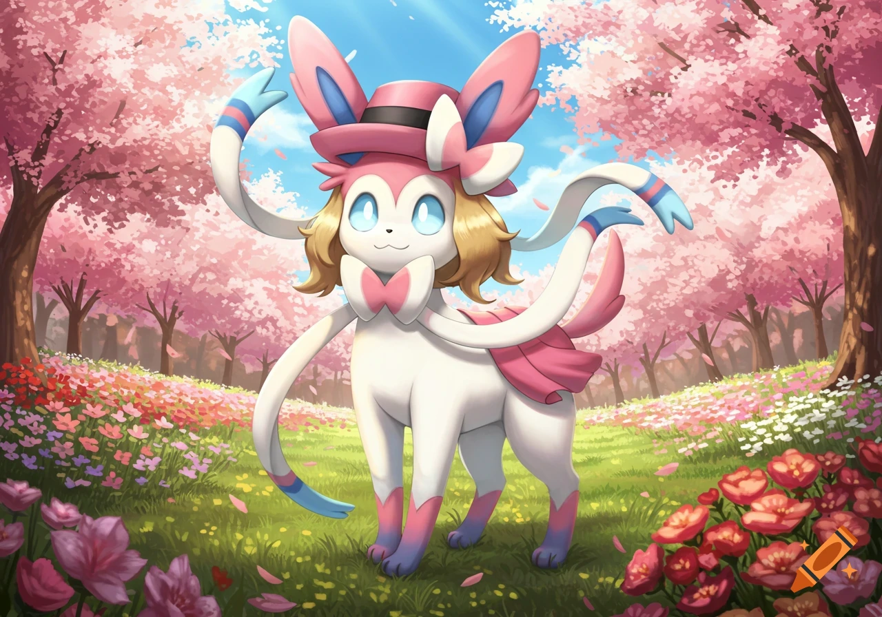 An anime-style Sylveon in a pink hat and outfit stands in a vibrant field of flowers under cherry blossom trees.