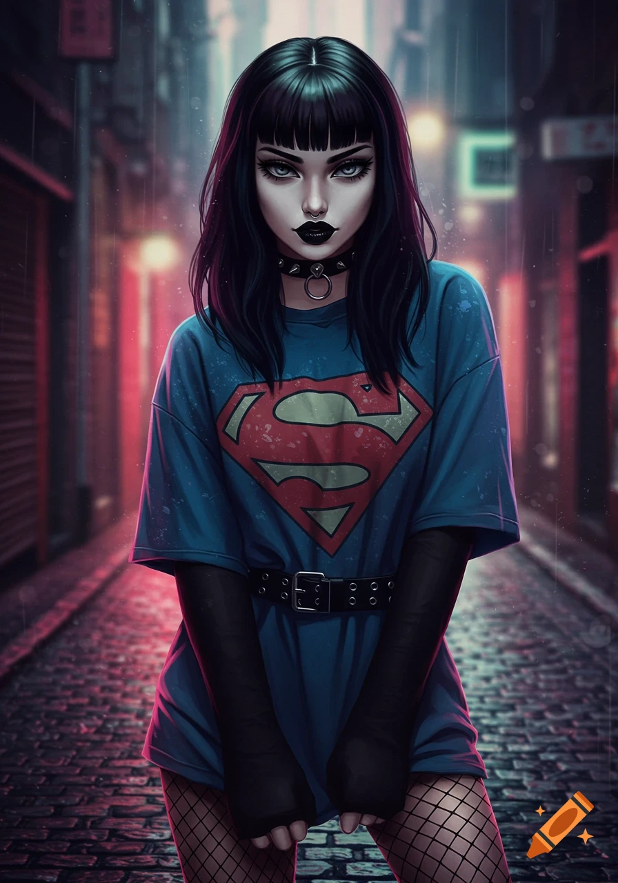 An illustration of a goth girl with black hair and bangs, black lipstick, a spiked choker, a blue Superman tee-shirt, a belt, and fishnet stockings, standing in a rainy, neon-lit alley.