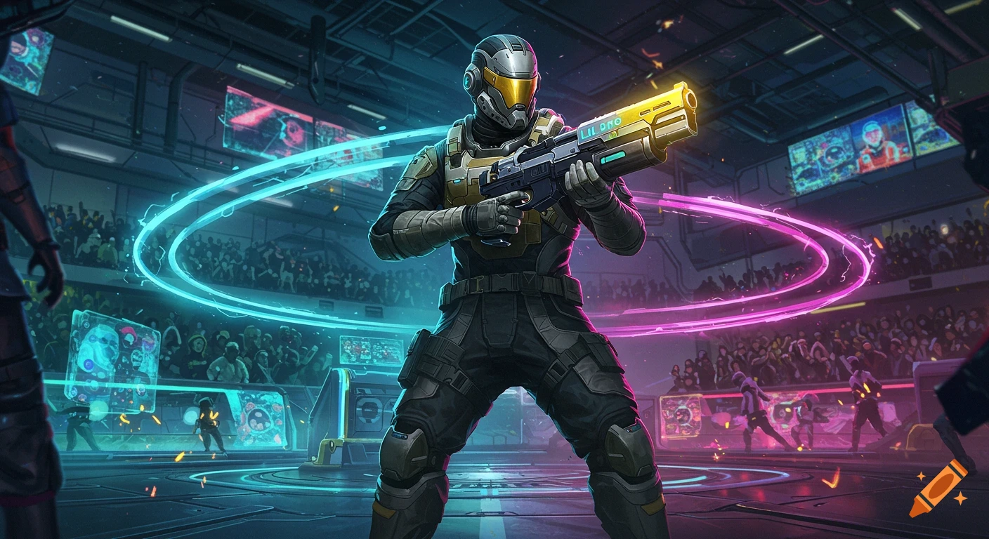 A futuristic soldier in tactical gear holds a rifle in a neon-lit arena with a crowd, in a dynamic video game art style.