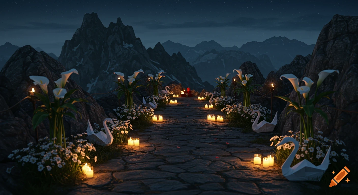 A night mountain path decorated with glowing candles, white calla lilies, and origami swans, set against dark, ash-gray peaks under a starry sky.