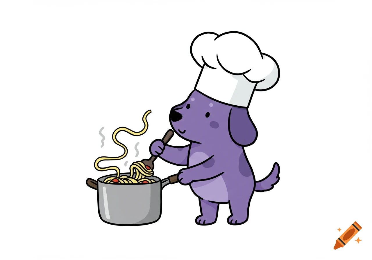 A cute purple cartoon dog wearing a chef's hat stirs noodles in a pot on a white background.