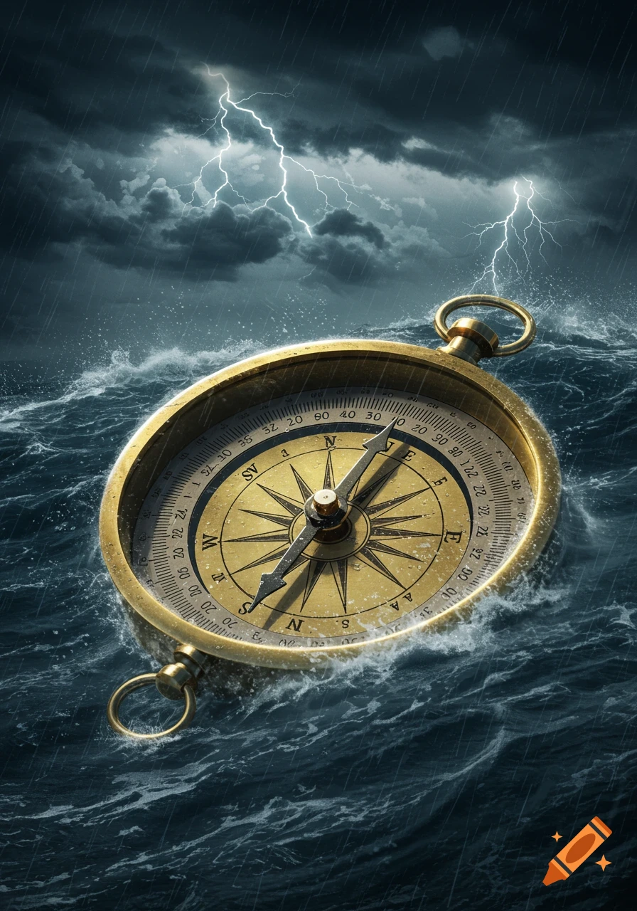 A golden brass compass floats precariously on dark, tumultuous ocean waves beneath a stormy sky with rain and bright lightning.