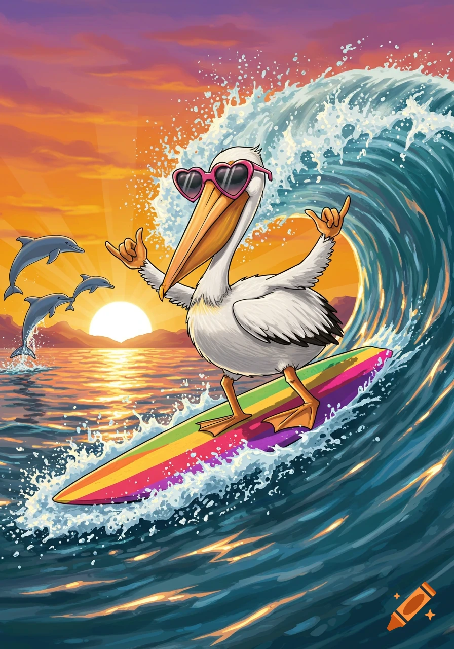 A cartoon pelican wearing heart-shaped sunglasses surfs a rainbow surfboard on a large wave during sunset, with dolphins jumping in the background.