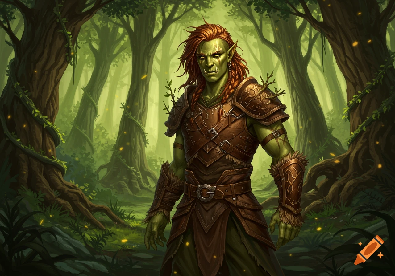 A fantasy half-orc half-elf warrior with green skin and red braided hair stands in a vibrant forest, wearing leather and fur armor.