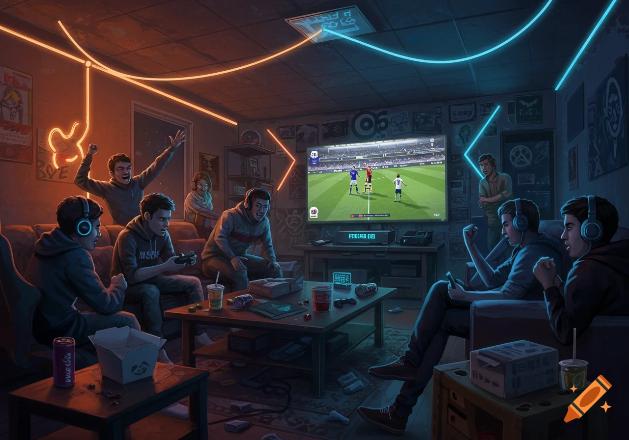 A group of young friends gather in a dimly lit room, intensely playing a soccer video game on a large TV, surrounded by snacks and neon lights.