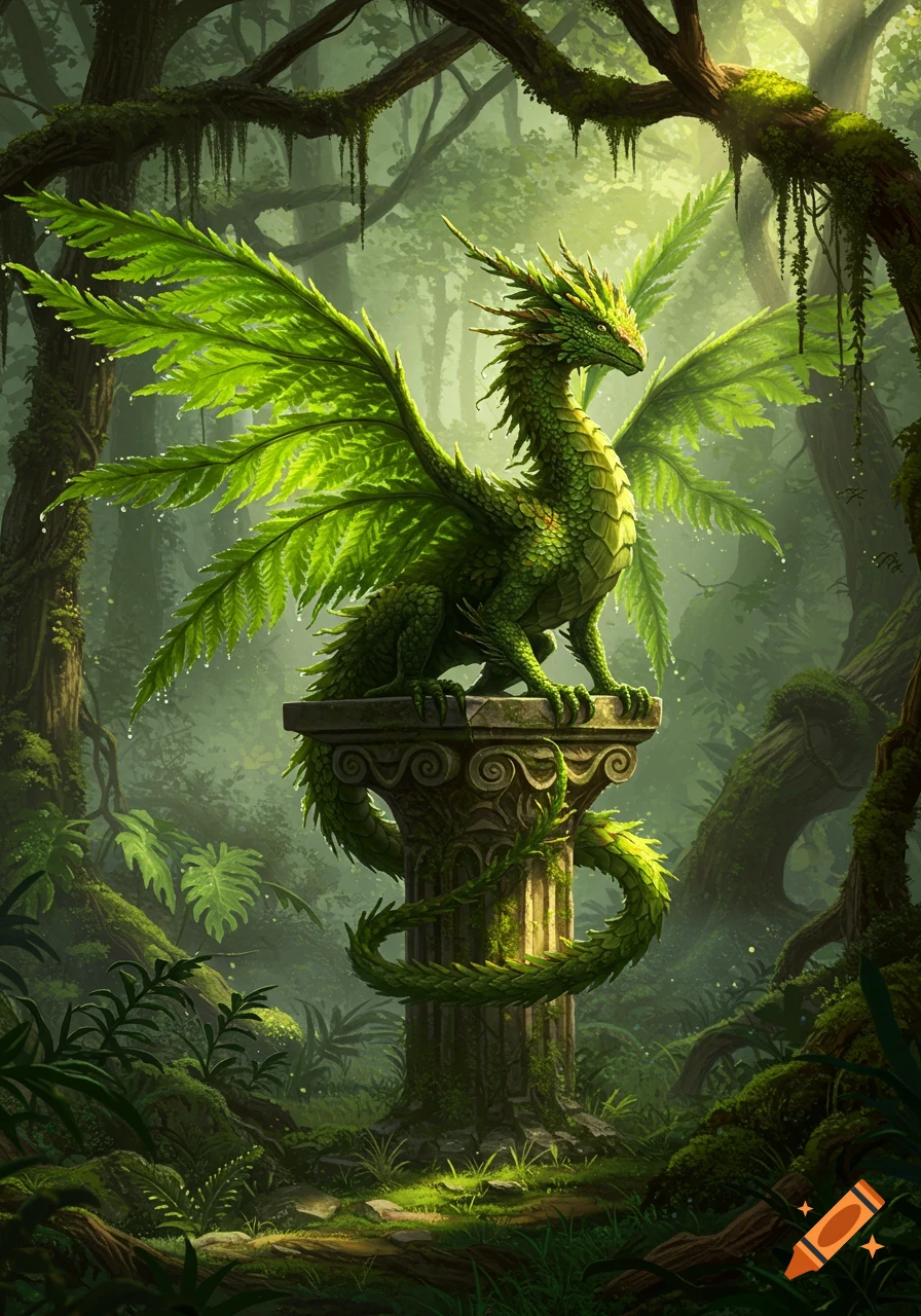 A majestic green fern dragon with leaf-like wings perches on a mossy stone pillar in a lush, sun-dappled forest.