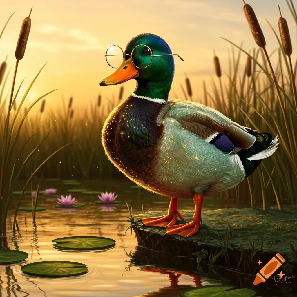 A mallard duck with round glasses stands by a pond at sunset, surrounded by lily pads and cattails. The duck's feathers sparkle.