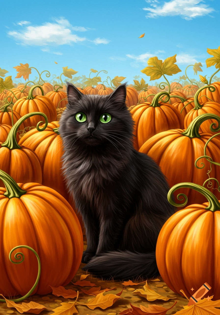 A fluffy black cat with green eyes sits amidst a vibrant orange pumpkin patch under a blue sky.