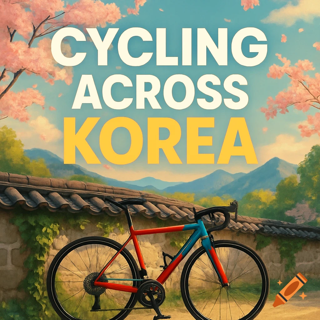 A red and blue bicycle in front of a traditional Korean wall with cherry blossoms and mountains. Text reads 'CYCLING ACROSS KOREA'.