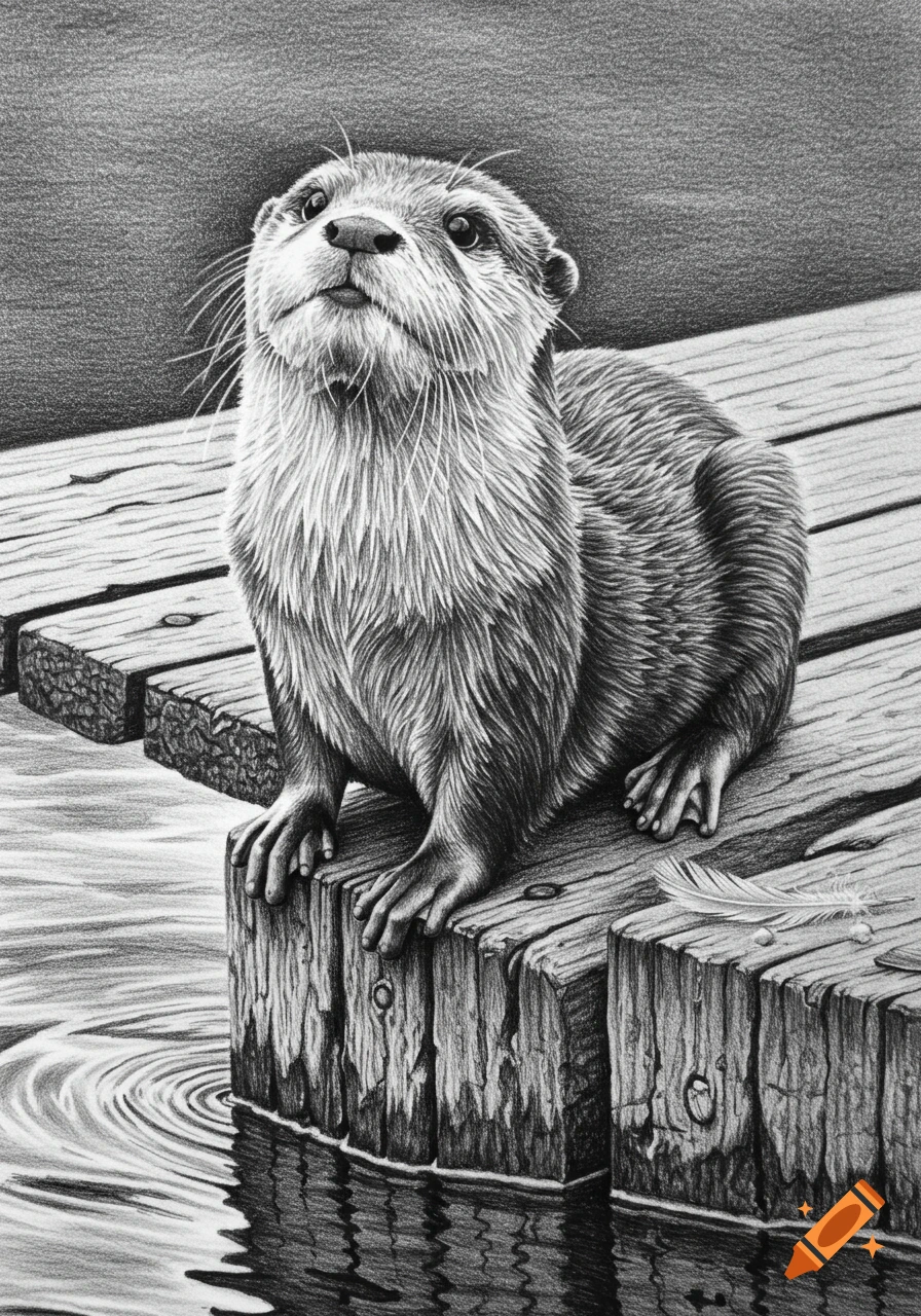A detailed pencil drawing of an otter sitting on a wooden dock, looking up, with water below.