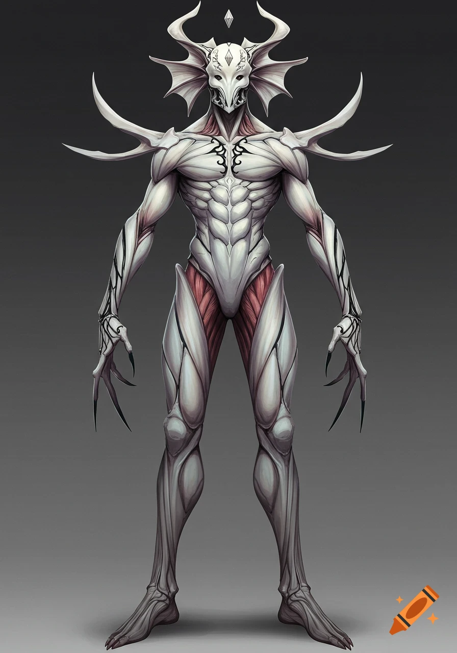 A full-body illustration of a white-armored humanoid alien creature with long limbs, clawed fingers, and intricate black patterns.
