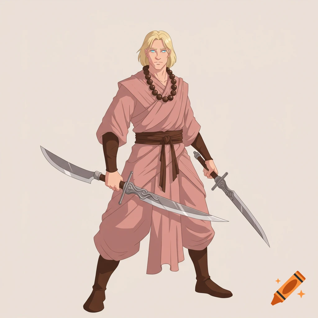 Blonde male monk in pink robes with beads, wielding two swords in a simple fantasy illustration on a plain background.
