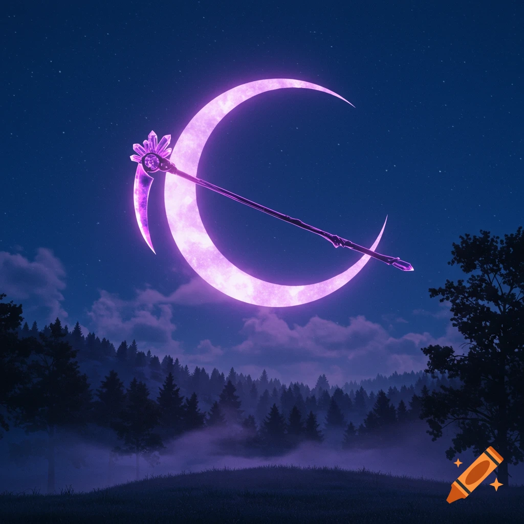A mystical glowing purple crescent moon with a scythe, floating above a foggy forest at night.